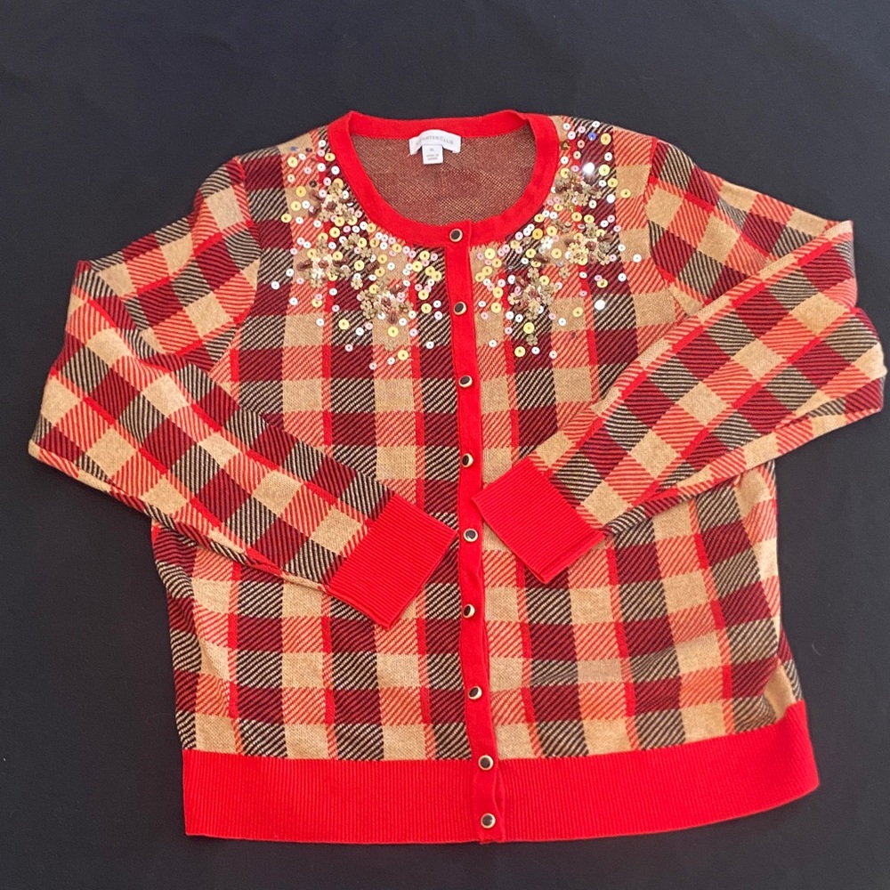 Charter Club Red and Tan Plaid Cardigan